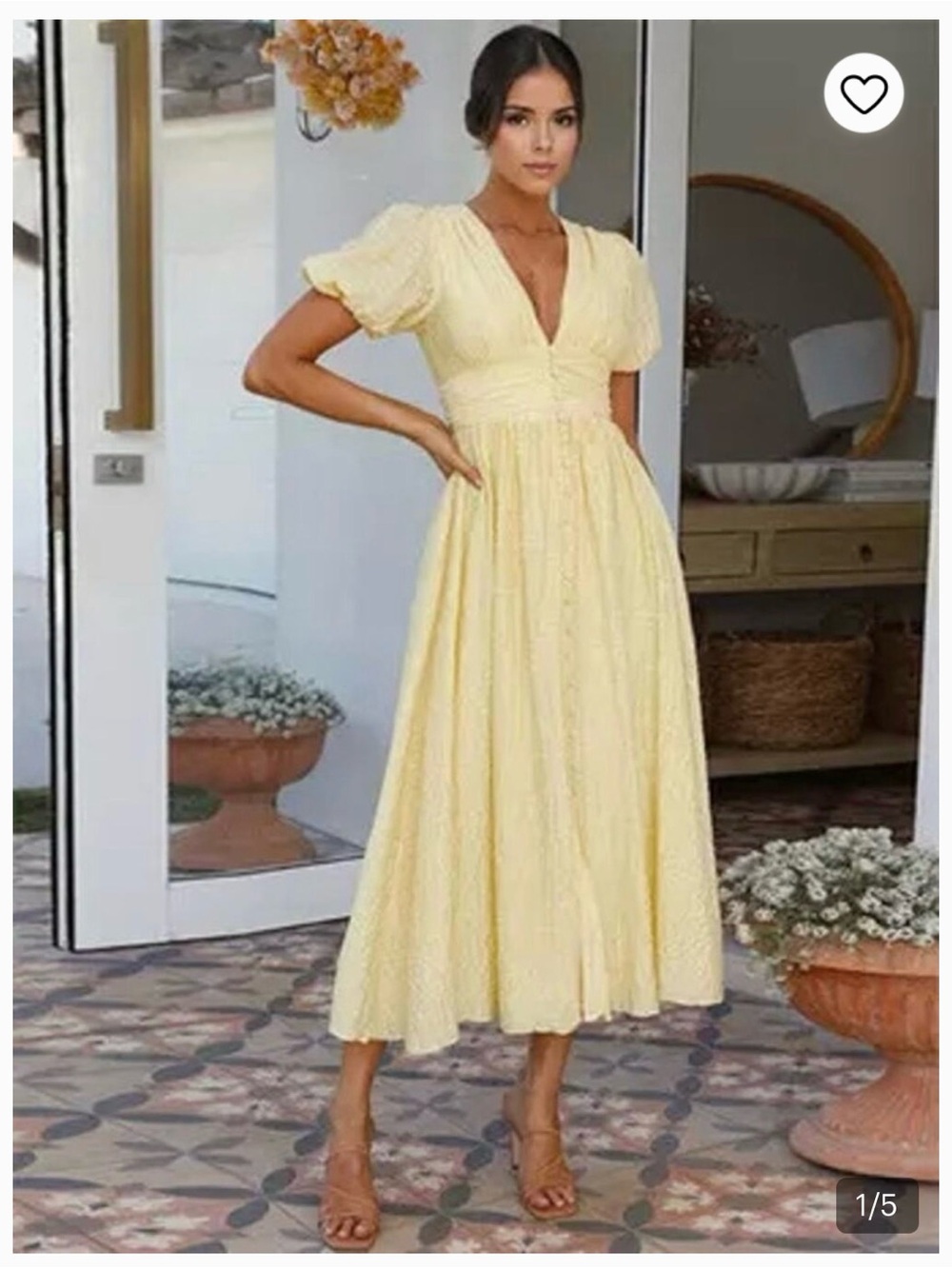 Commense Pale Yellow V-Neck Puff Sleeve Maxi Dress